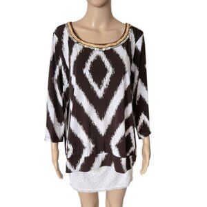 Chico's Travelers Dark Brown White Angled Striped Beaded Neck Top Size 3